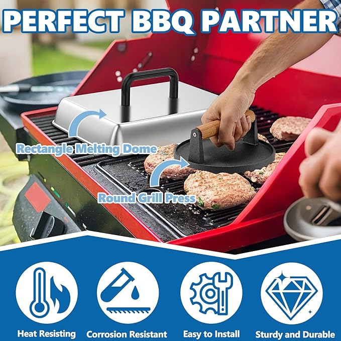 SafBbcue Round Cast Iron Smash Burger Grill Weight Press & Griddle Steamer Melting Dome Basting Cover for Blackstone Flat Top Grills Accessories, 14" Rectangular Stainless Steel Grill Basting Cover