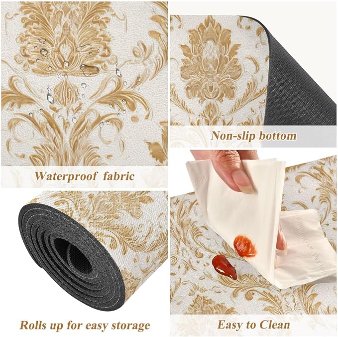 2-in-1 Table Runner Trivet for Hot Dishes Heat Resistant Hot Plate Mat Pad 39x12 Inch Waterproof Table Protector Trivets for Countertop Decorative Vintage Gold Damascus