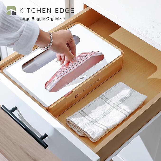 Premium Ziplock Bag Organizer – Kitchen Edge 2-Slot Bamboo Organizer with White Metal, Fits Gallon & Freezer Bags, Magnetic Top for Easy Reload, Non-Slip Base, Wall Mountable, 8.7in x 13in x 2.5in