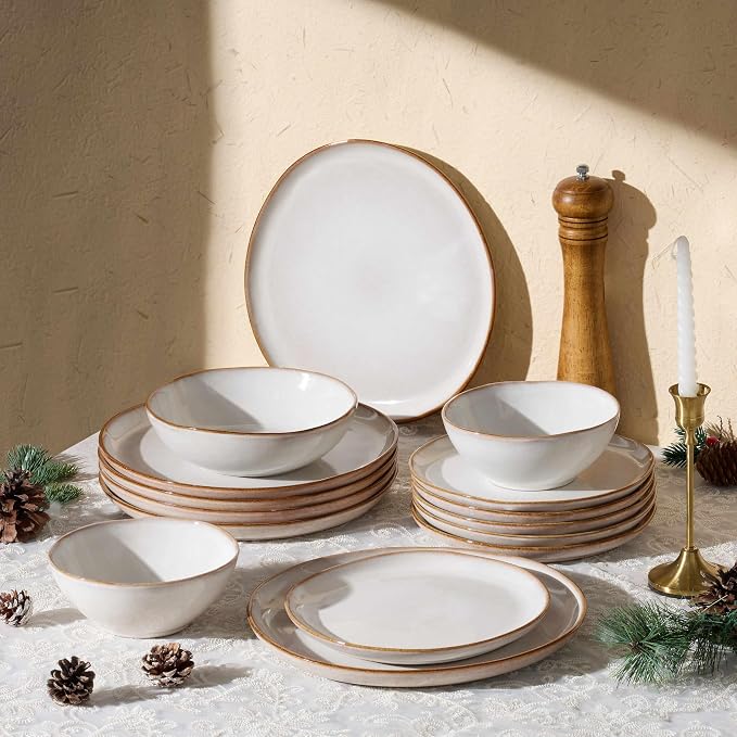 Herogo Stoneware Dinnerware Sets, 12 Piece Dinner Dishes Set for 4, Ceramic Plates and Bowls Dishware, Tableware Includes Dinner Salad Plates, Soup Bowls, Microwave & Dishwasher Safe, Pearl White