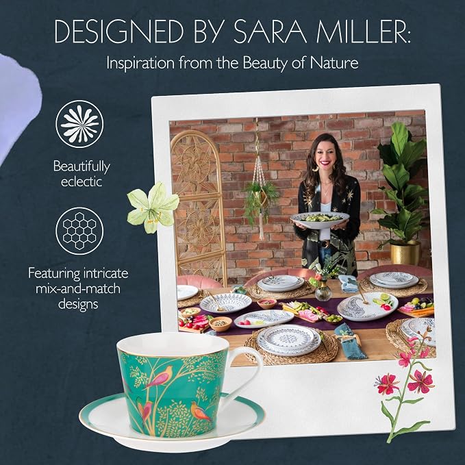 Portmeirion Sara Miller London Chelsea Teacup and Saucer, Green | 8 Oz Cup for Drinking Tea and Coffee | Made from Fine China with Gold Detail | Handwash Only