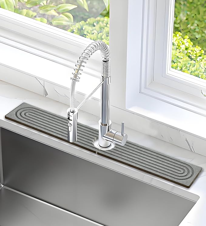 Faucet Mat for Kitchen Sink,23.6" Diatomite Stone Drying Mat,Quick Drying Splash Guard,Super Absorbent.Kitchen ,Bathroom Sink Splash Guard, Durable Countertop Protection (Light grey)