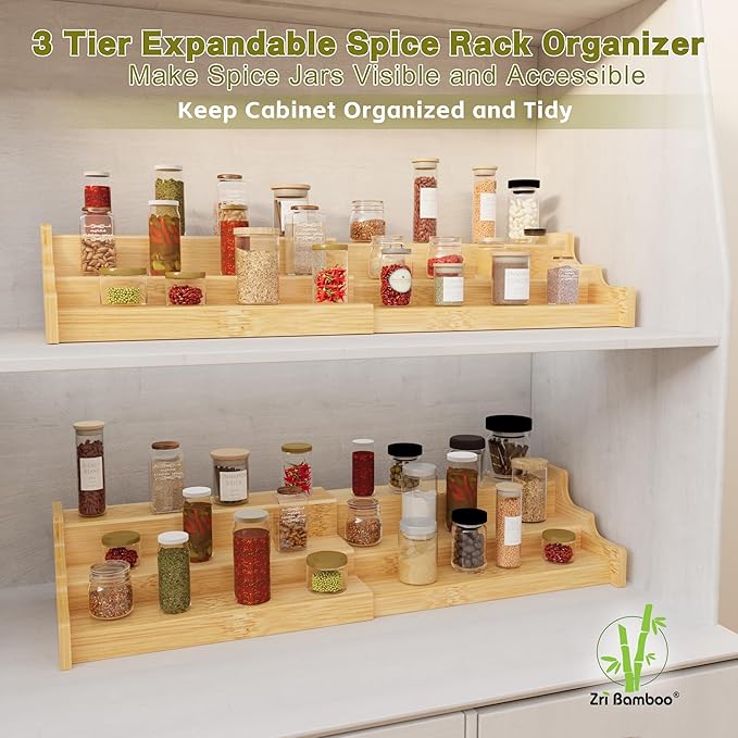 2 Pack Spice Rack Organizer for Cabinet - 3 Tier Bamboo Expandable Display Shelf for Seasoning Storage in Kitchen Pantry