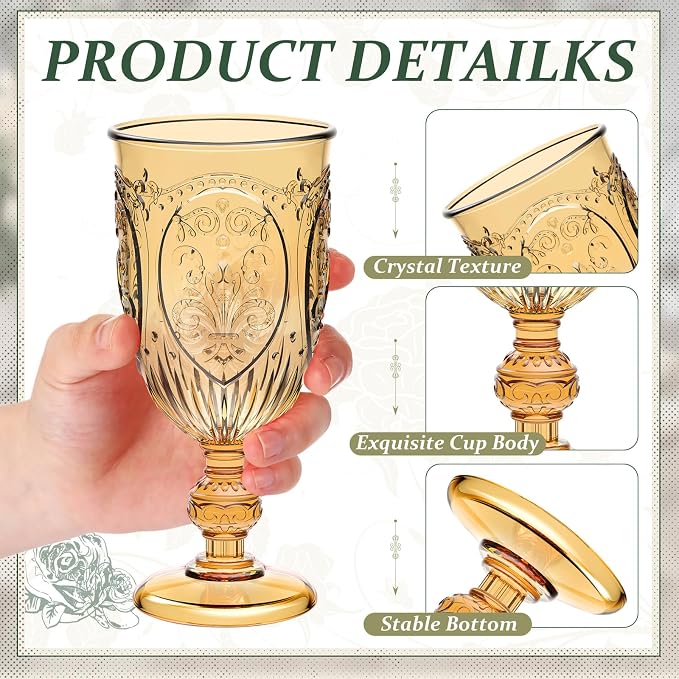 Wiwiqing 6 Pcs Plastic Goblets 7.5oz Vintage Goblet Plastic Wine Glasses Colored Retro Embossed Water Goblets for Wine Bar Juice Baby Shower Wedding Reception Grand Event Party (Amber)