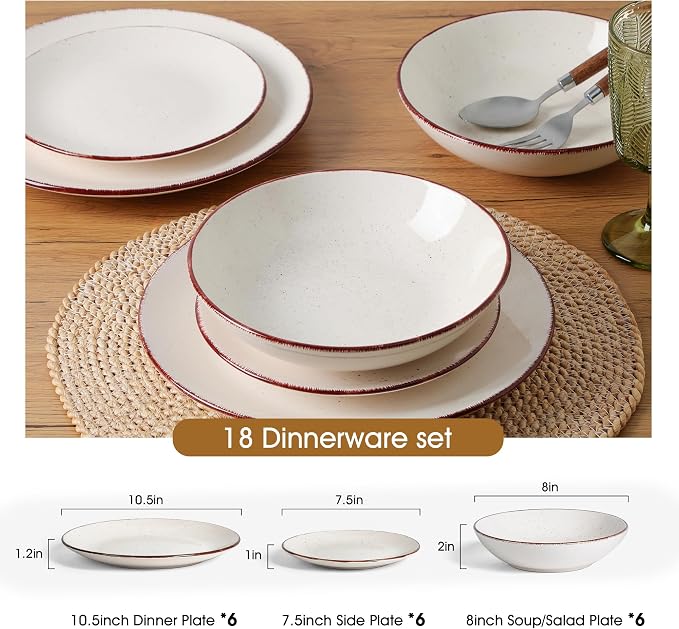 Dinnerware Sets for 6, 18 Piece Plates and Bowls Sets, Stoneware Dishware Sets Kitchen, Scratch Resistant Dishes, Microwave & Dishwasher Safe (White, Service for 6(18PCS))