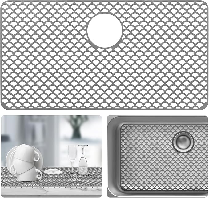 Sink Protectors for Kitchen Sink - Large 28.4"x 15" with Rear Drain Hole Heat Resistant Easy Clean Non-slip Silicone Kitchens Sinks Mat for Bottom of Kitchen Sinks Stainless Steel(Grey)-72x38CM