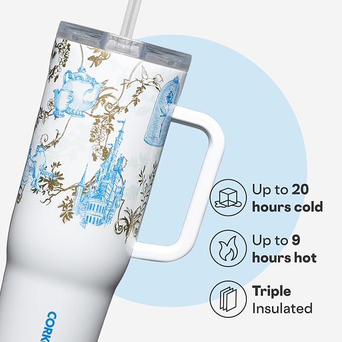 Corkcicle Cruiser Insulated Tumbler with Handle & Straw - Keeps Beverages Cold 20 Hours - Triple Insulated - Summer Drinkware Gift - Keeps Drinks Ice Cold - 40 oz - Princess Belle