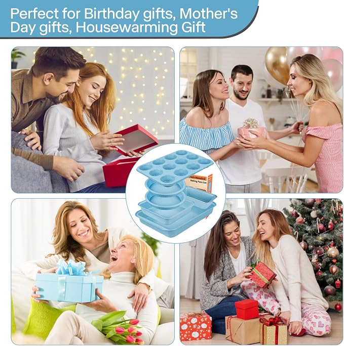 6-Piece Nonstick Cake Baking Set, Blue — Round Pie Pans, Loaf Pan, Muffin Pan & Square Cake Pan, Stackable Carbon Steel Bakeware for Beginner Bakers, Oven Safe