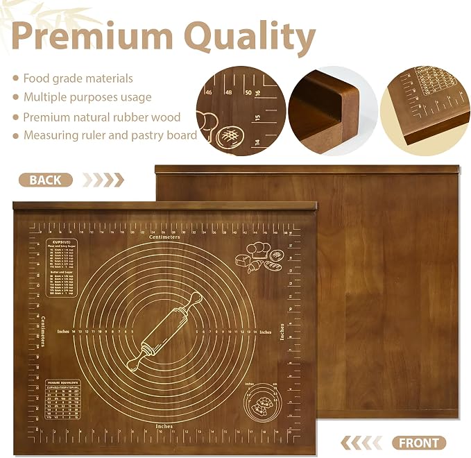 Wooden Pastry Board with Measurement 24'' x 20" Reversible Kneading Board with Side Lip and Engraved Ruler Bread Cutting Boards for Rolling Dough Baking Counter Top Kitchen (Brown)