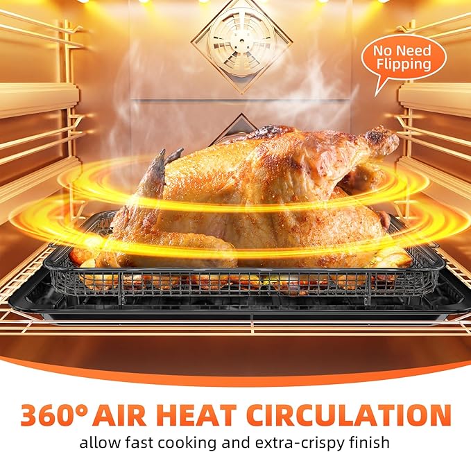 Air Fryer Basket, 2 Set Oven Air Fryer Basket and Tray with 60 PCS Parchment Papers, DEGOVIN Crisper Tray Non-stick Stainless Steel Air Fry Pans for Convection Oven(14.88"×10.98"& 13"× 9.7"-Black)