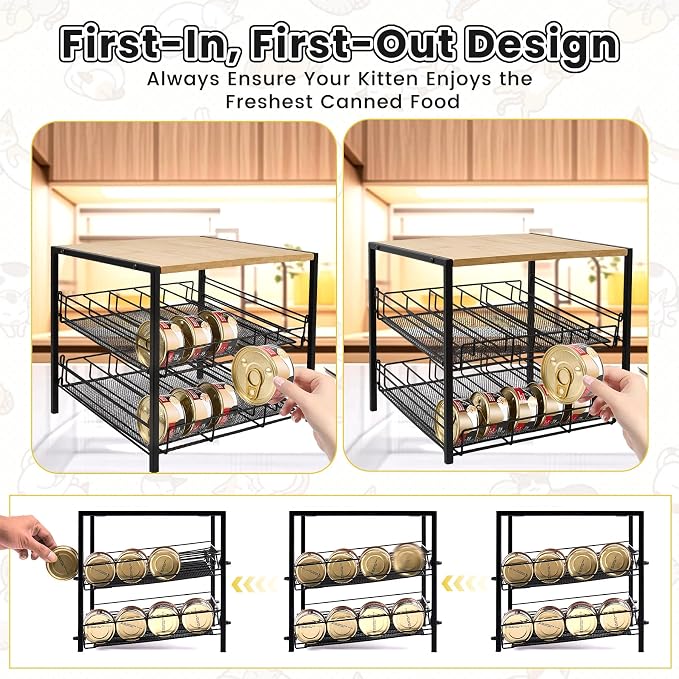 Bamboo & Iron Cat Food Organizer for Pantry, 2-Tier Can Stackable Storage Rack Holds 48 (3oz) Cans, Flat Top for Extra Storage, Automatic Slide-Down Perfect for Pet Food Cans