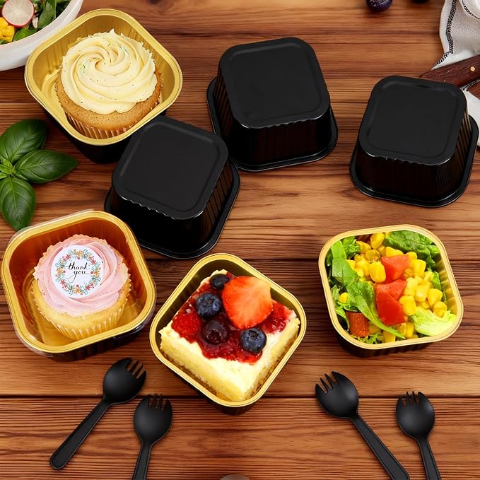 20 Pack 10oz Mini Cake Pans With Lids, Aluminum Foil Square Brownie Baking Cups,Disposable 4”x4” Large Cupcake Pan,Jumbo Muffin Tin Ramekins Holders-Black&Gold