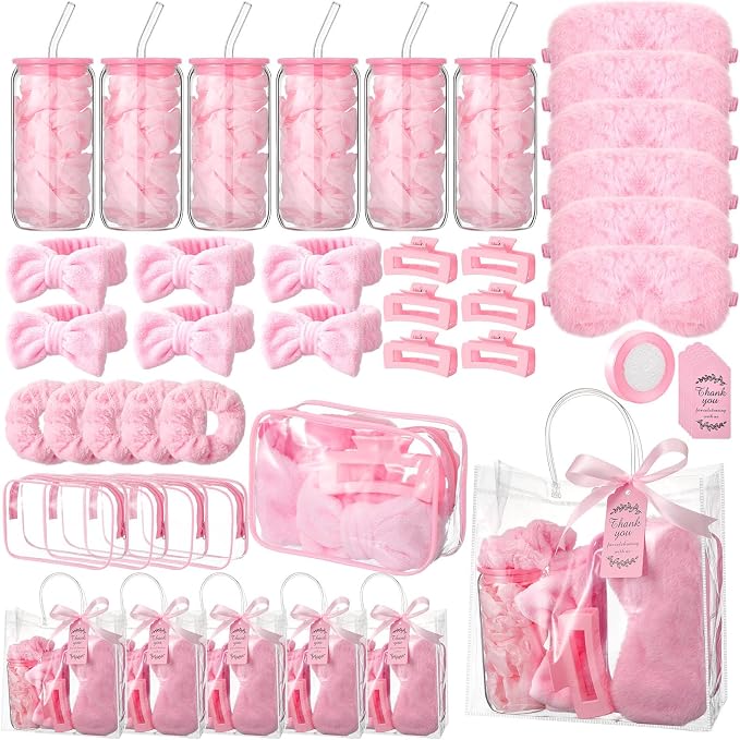 48 Pcs/6 Sets Baby Shower Prizes Winners Include Glass Cans Spa Headband Plush Sleep Eye Mask Hair Claw Clips Clear Cosmetic Bags Baby Shower Player Winner Gifts Bridal Game Gifts(Pink)