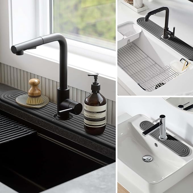 Stone Faucet Mat for Kitchen Sink – Diatomite Fast-Drying Stone Tray, Faucet Mat Sink Splash Guard, Decorative Sink Protector for Kitchen Bathroom Counter [Dark Gray, 17.7''x3.9'']