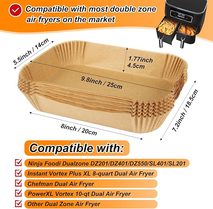 100PCS Dual Air Fryer Paper Liners & 3pcs Stackable Air Fryer Rack for Ninja Double Airfryer, Rectangle Air Fryer Parchment Paper for Ninja DZ201/DZ401/DZ550/SL401 & More, Ninja Airfryer Accessories