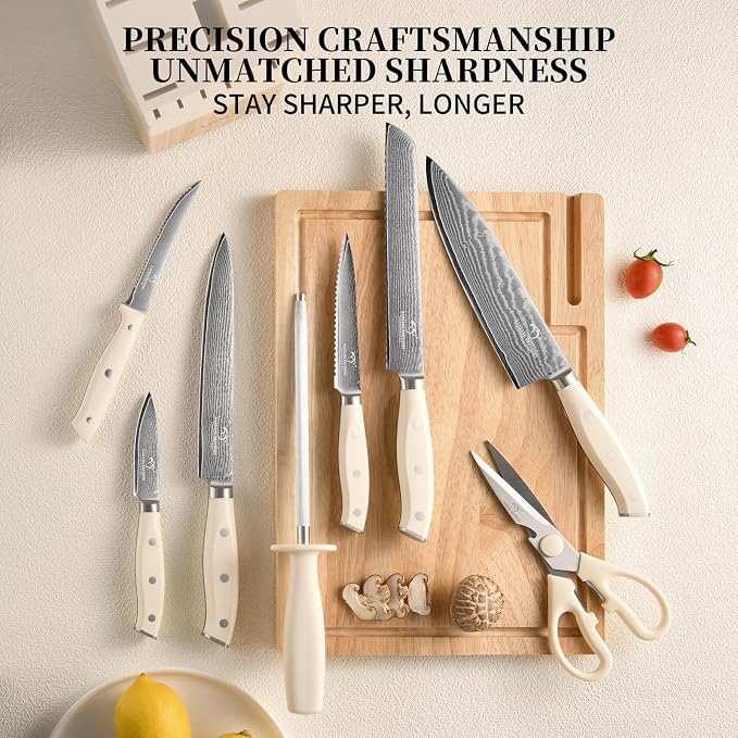 NANFANG BROTHERS Damascus Kitchen Knife Set 14 Pieces with Shears & Sharpener - VG10 Damascus Steel, ABS Ergonomic Handle, Wooden Block Storage White