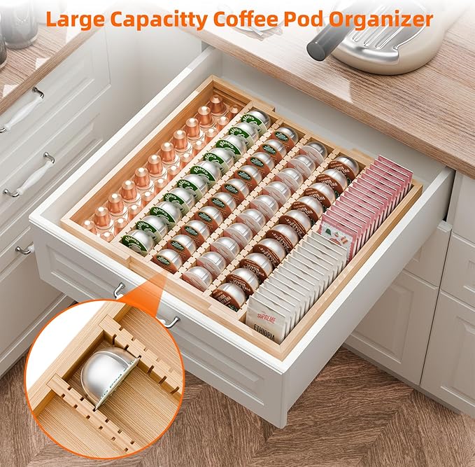 Simple Trending Bamboo Coffee Pod Holder Drawer Insert for Counter, Expandable K Cup Organizer Tea Bags Storage Compatible with Nespresso Vertuo Capsules, Natural
