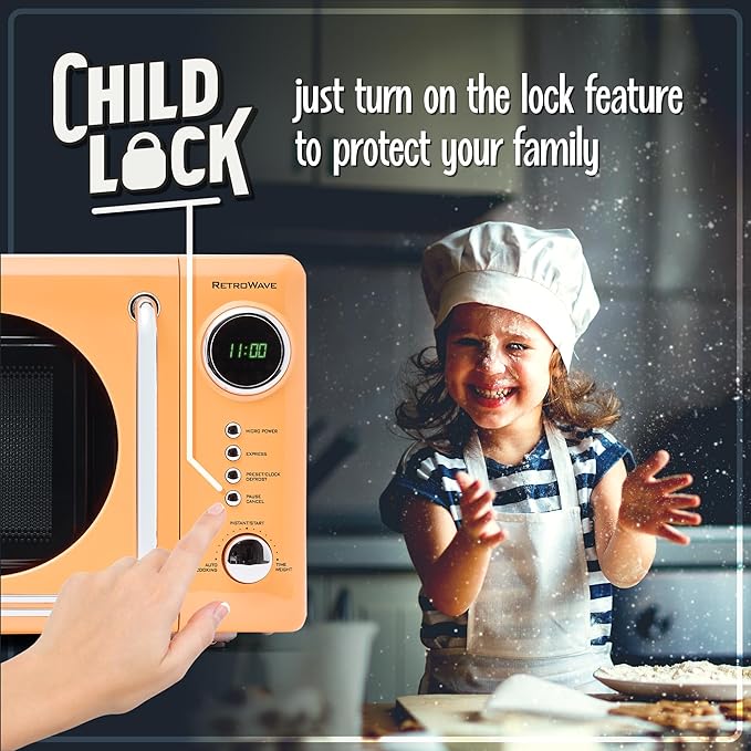 Nostalgia Countertop Microwave Oven with Easy Clean Interior- Retro Microwave with LED Display & Child Lock- Compact 0.7 Cu. Ft Oven With 12 Pre-Programmed Settings for any kitchen-700-Watts-Orange