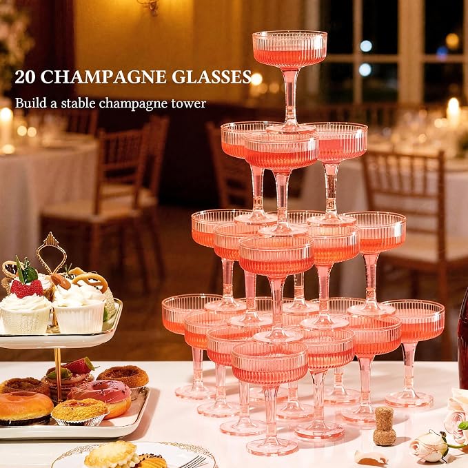 Goodluck 4-Tier Champagne Glasses - 20 PCS 7oz Pink Plastic Champagne Flutes, Plastic Coupe Glasses with Vertical Stripes for Weddings, Celebrations, Parties & Birthdays