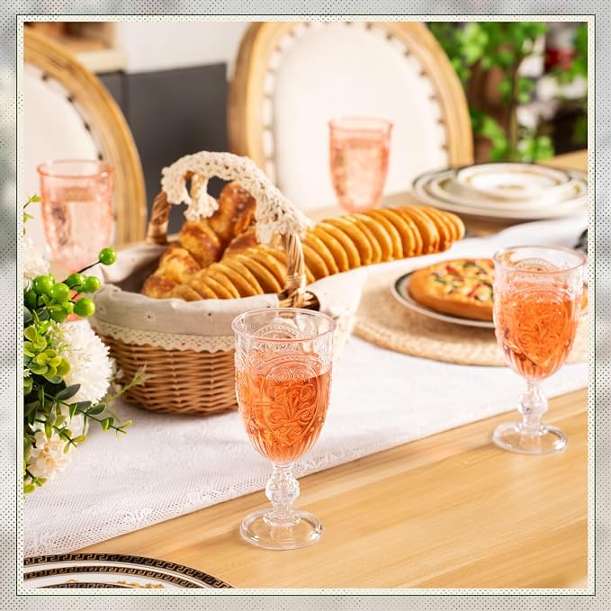 Wiwiqing 6 Pcs Plastic Goblets 7.5oz Vintage Goblet Plastic Wine Glasses Colored Retro Embossed Water Goblets for Wine Bar Juice Baby Shower Wedding Reception Grand Event Party (Clear)