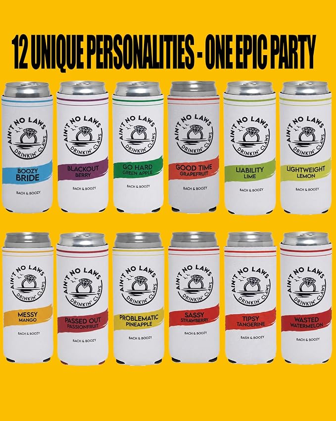 Funky Junque Bachelorette Party Favors Slim Can Cooler, Funny Bridesmaid & Bride Gifts for Girls Trip, Bridal Shower Decorations & Accessories, 12 oz Skinny Can Covers - Ain't No Laws - 12 Pack