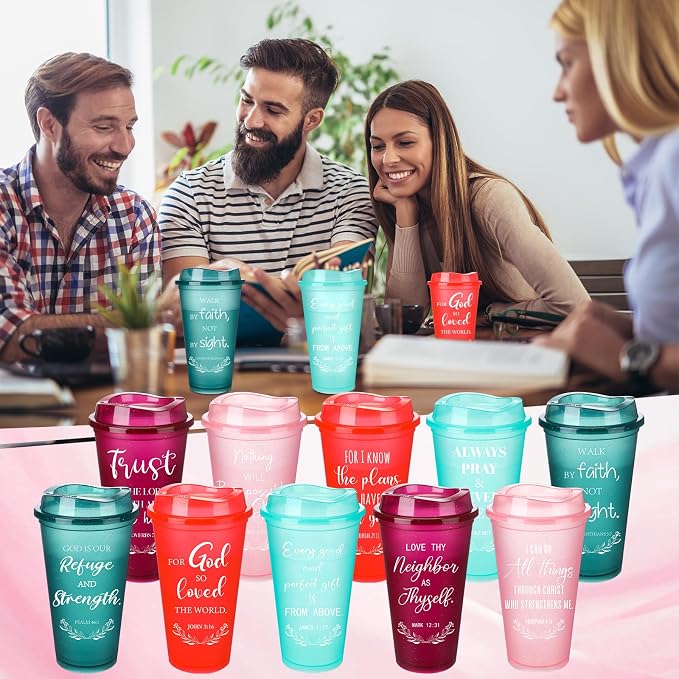 Skylety 20 Pack Christian Gifts for Fathers Bulk 16oz Inspirational Bible Verse Tumbler Church Gifts for Men Plastic Coffee Cups with Lids for Dad (Rainbow Glitter)