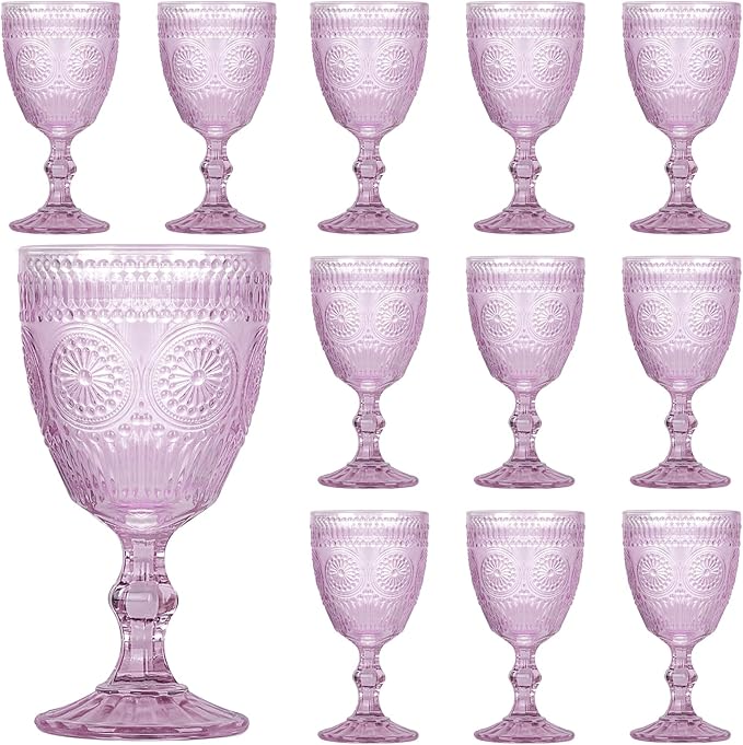 Pack of 12 Glass Goblets Wine Glassware, 10 oz, Purple | Wine Glasses, Not Dishwasher Safe,Wedding Glass Set, Embossed Drinking Glasses Cups for Thanksgiving Wedding Party Bar