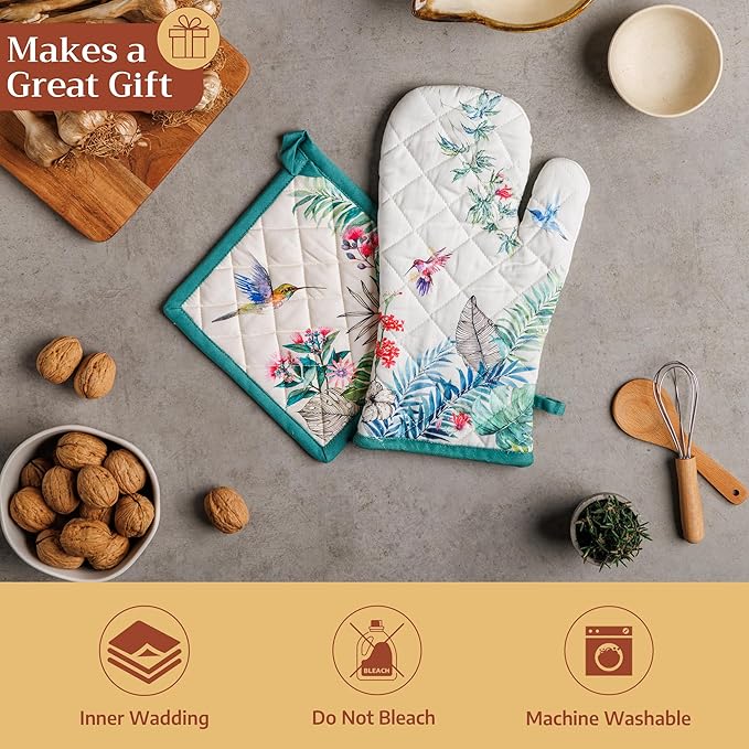 Maison d' Hermine Pot Holders 100% Cotton Heat Resistant Potholders 8" x 8" Hot Pads with Loop BBQ Cooking Baking Gifts for Mothers Day Handling Hot Pans Spring/Summer (Pack of 2, Tropiques)