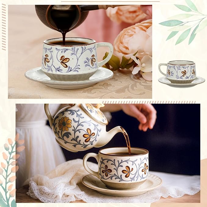 LemonRoad Vintage Tea Cup and Saucer Set, 10oz Porcelain Coffee Mugs with Saucer for Latte Mocha Cappuccino Ceramic Teacups for Housewarming Wedding Gifts Kitchen Table Decor