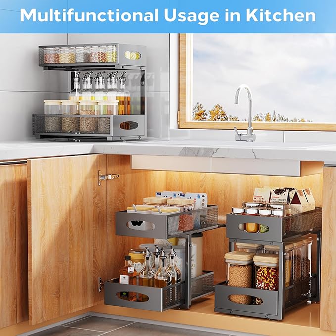 1PC Pull out Cabinet Organizer Fixed with Adhesive Nano Film+1PC Under Sink Organizer Bundle