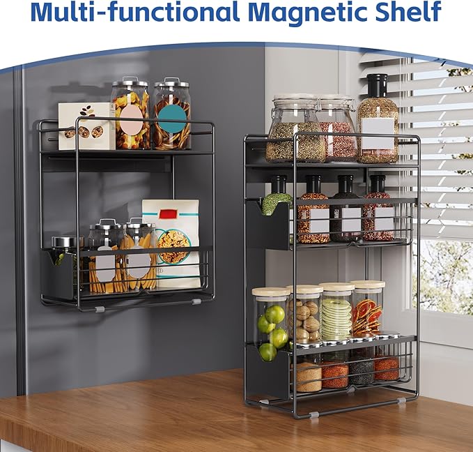 CABTE 3 Tier Magnetic Shelves for Washing Machine with Pull Out Metal Drawer,Magnetic Spice Rack for Fridge,Magnetic Rack with no Installation, Versatile Storage Organizers for Home (Black, 3 Tier)