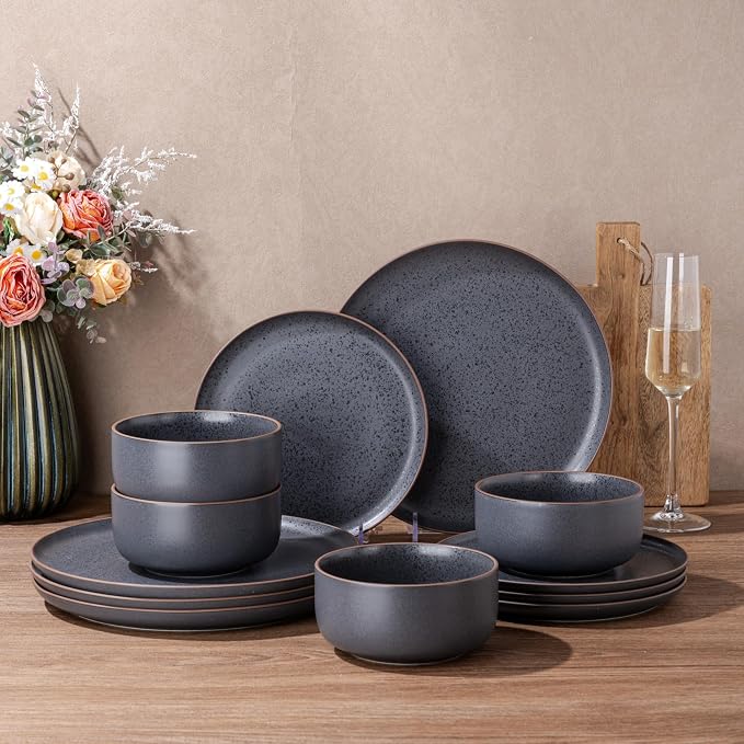 LERATIO Stoneware Dinnerware Sets for 4,Handcarft Ceramic Plates and Bowls Sets,Chip and Scratch Resistant Dishes, Dishwasher & Microwave Safe, Oven safe,Reactive Glaze-Speckled Ashen