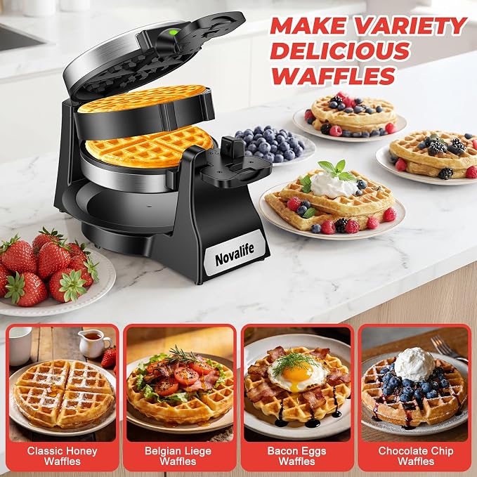 Waffle Maker, 1400W Belgian Waffle Maker, Double Waffle Iron 180° Flip, 8 Slices, Rotating & Nonstick Plates, Removable Drip Tray Easy to Clean, Locking Buckle & Cool Touch Handle