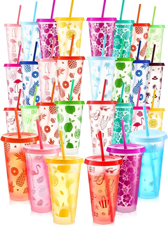 Cholemy 24 Pcs 24 oz Hawaiian Plastic Cups Bulk Luau Tumblers with Straw and Lid 12 Design Reusable Summer Travel Cups for Hawaiia Party Favors Luau Party Supplies