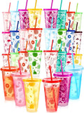 Cholemy 24 Pcs 24 oz Hawaiian Plastic Cups Bulk Luau Tumblers with Straw and Lid 12 Design Reusable Summer Travel Cups for Hawaiia Party Favors Luau Party Supplies