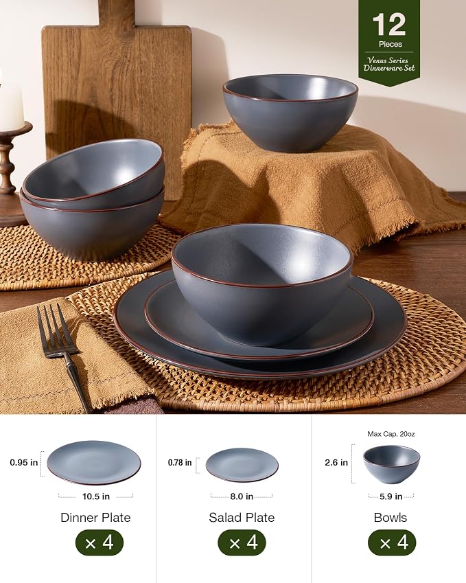 Famiware Venus Plates and Bowls Sets with Trim, 12 Pieces Speckled Stoneware Dishes Dinnerware Set for 4, Matte Charcoal - Microwave & Dishwasher Safe, Modern Minimalist, Everyday & Formal Dining
