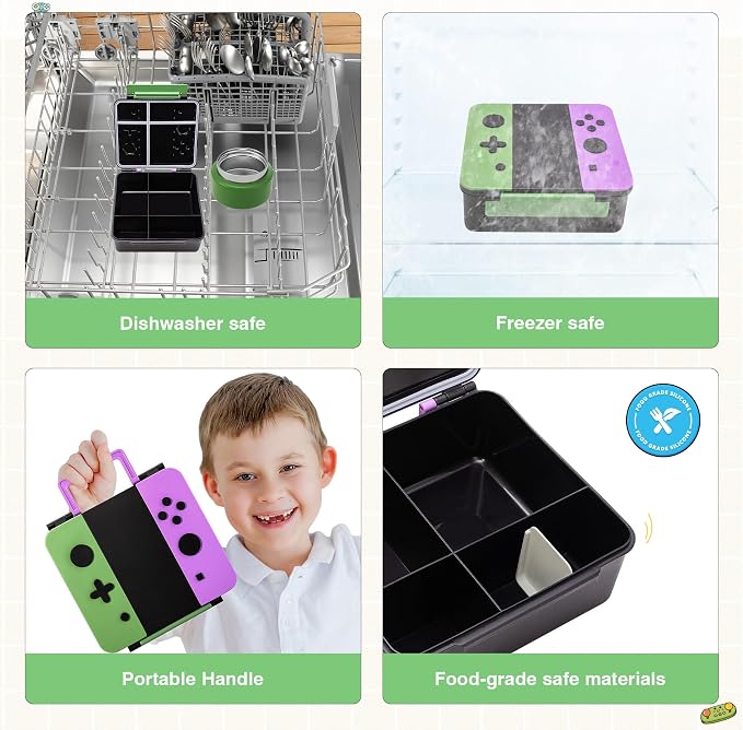 Game Bento Box for Kids, Lunch Box with Thermo(9oz Food Jar), Folding Spoon, Removable Divider & Sauce Cup, Lunch Box Kids for School,Travel, BPA-Free & Realistic Shape (Green-Purple)