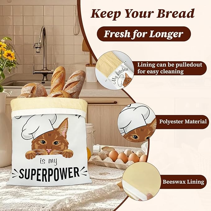 Bread Bags for Homemade Bread, Peeking Ginger Cat 2 Pack Linen and Beeswax Sourdough Storage Bags, Reusable Keeper, Keeps Breads Fresh Longer, Gifts for Bakers