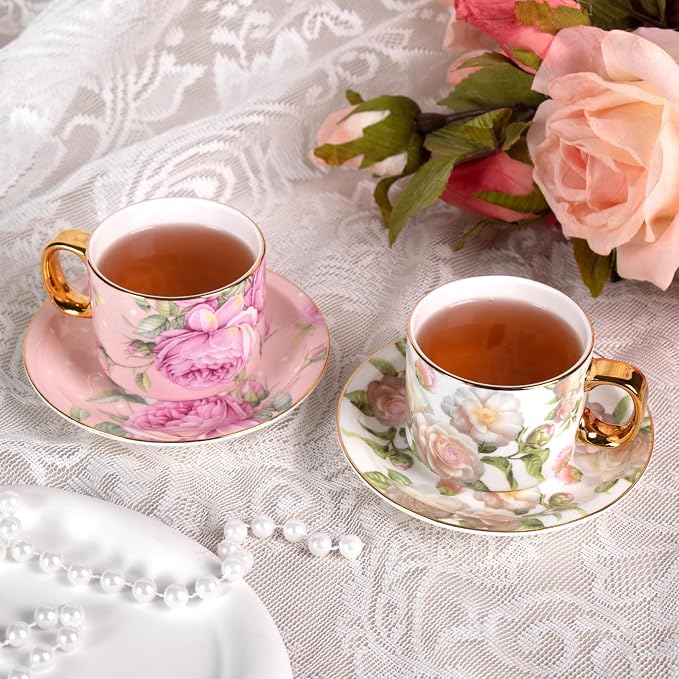 KAMMAK Tea Cups and Saucers Set of 2, Porcelain Coffee Cups, Stackable Espresso Mugs, Ceramic Demitasse for Coffee, Cappuccino, Latte, Americano, Tea, White Rose + Beauty Rose