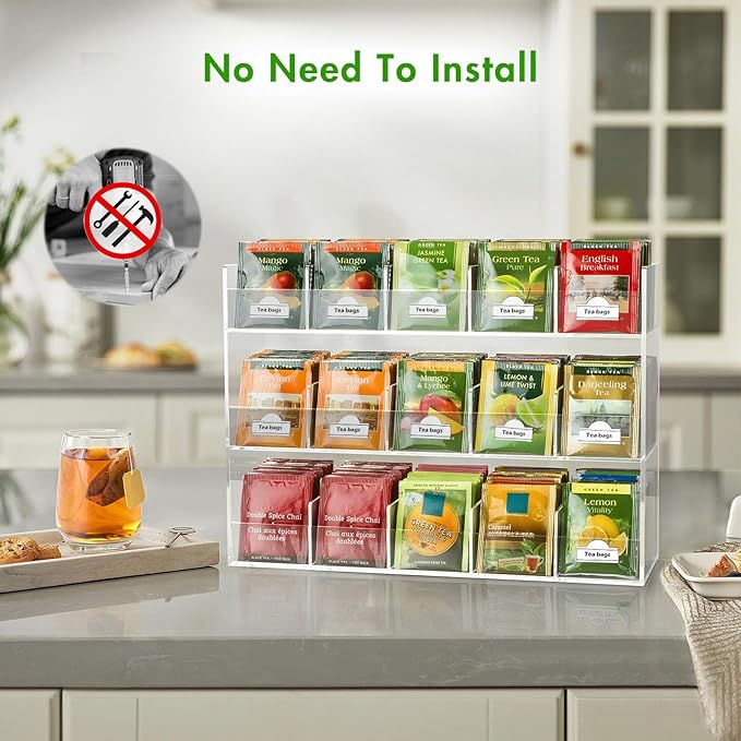 BEYGORM Acrylic Tea Bag Organizer for 270 Tea Packets, No Assembly Required Display Holder for Countertop, Vertical Tea Bag Caddy for Cabinet, Tea bar Accessories, Teabags Storage Containers