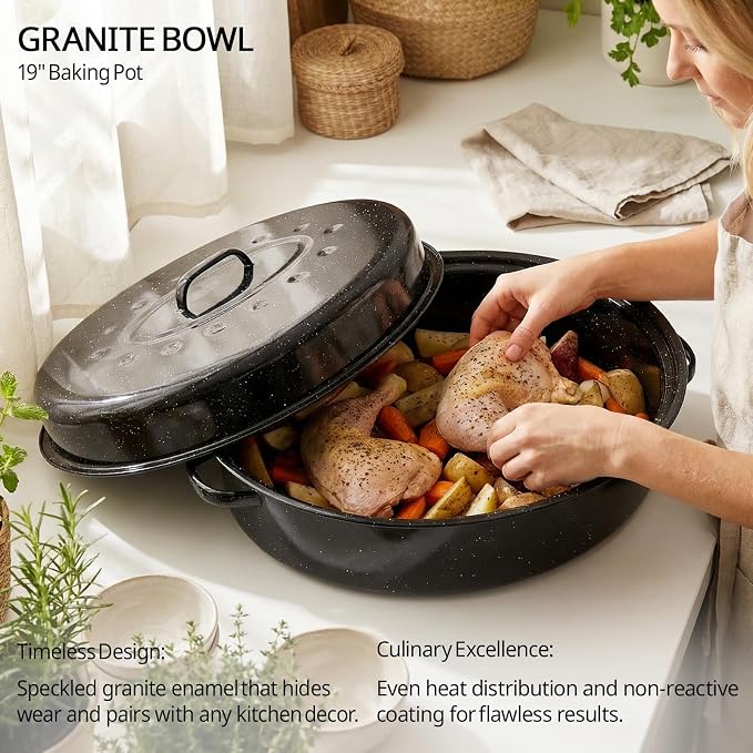 19” Turkey Roasting Pan Enamel Oval Granite Large Roaster Pan with Lid with 17in Inner Diameter Large Capacity Suitable for Thanksgiving Enamel Cook Ware Dishwasher Compatibility Oven Christmas Gift