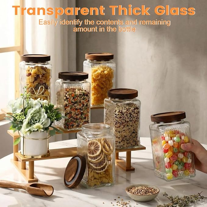 6 Pcs Vintage Glass Storage Jar with Lid 34 oz Glass Containers Stylish Ribbed Pattern Airtight Kitchen Jars Candy Jar for Food Cookies Candy Coffee Tea Beans Grains Storage