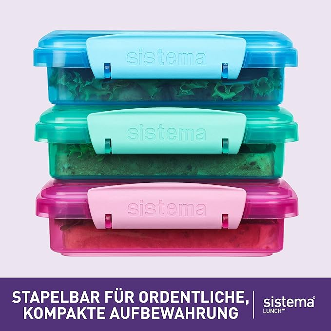 Sistema 3-Piece Sandwhich Containers for Lunch Boxes and Meal Prep, Dishwasher Safe, 1.9-Cup, Blue/Green/Pink