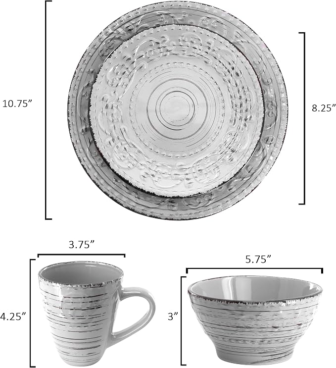 Elama Malibu Calcite 16-Piece Stoneware Embossed Pattern Reactive Glaze Light Gray Dinnerware Set, Tableware, Serveware Set (Calcite Gray)