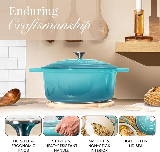 Cast Iron Dutch Oven with Lid - Non-Stick Ovenproof Enamelled Casserole Pot - Sturdy Dutch Oven Cookware - Teal, 3.1-Quart, 22cm- by Nuovva