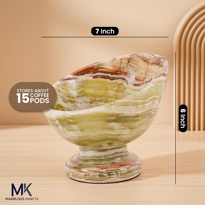 Marblous Krafts Green Onyx Marble Espresso Accessories Bowl 7 Inch Handmade Stone Coffee Pod Holder for Counter, Espresso Pods & K Cup Storage Organizer, Coffee Bar Decor
