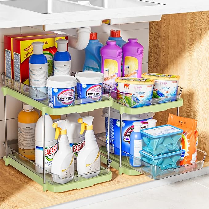 Delamu 2-Tier Multi-Purpose Bathroom Under Sink Organizers and Storage, Stackable Kitchen Pantry Organization, Pull Out Medicine Cabinet Organizer with Movable Dividers, Green, 2 Pack