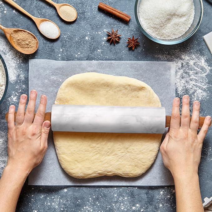Marble Rolling Pin With Stand, 18.1-Inch Polished Non-Stick Stone Dough Roller With Wooden Handles for Baking Pasta, Pizza, Cookies, Pie Crust, Kitchen Pastry Tools (1, Light Grey, 18.1)