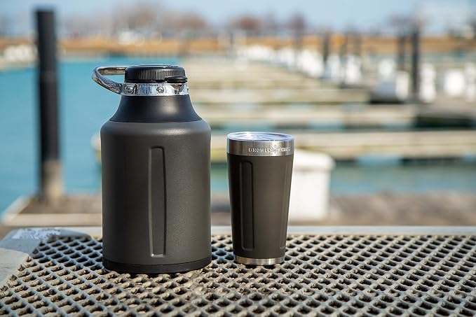 GrowlerWerks Element Stainless Steel Growler – Double-Wall Vacuum-Insulated for Cold Beverages All Day – Beer, Seltzer, Hydro, Coffee – Easy Pour Spout, Twist Lock Cap, and To Go Carry Handle, 64 oz
