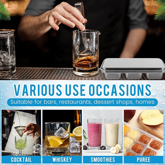 Domensi 2 Pack Stainless Steel Ice Cube Trays for Freezer Metal Ice Cube Trays with Lid Easy Release Molds Durable and Dishwasher Safe for Bars Kitchens Cocktail Freezer Whiskey